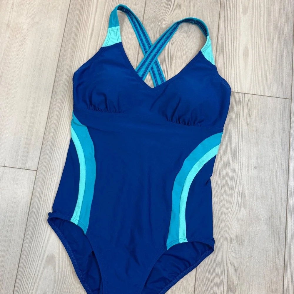 Lands End Blue Turquoise Colorblock One Piece Swimsuit Cross Back Size 10